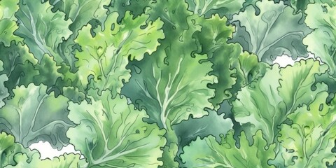 Fresh Organic Kale Vegetable Background, Horizontal Watercolor Illustration. Healthy Vegetarian Diet. Ai Generated Soft Colored Watercolor Illustration with Delicious Juicy Kale Vegetable.