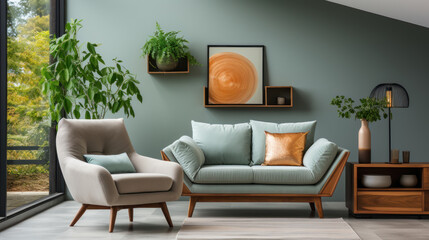 Living room interior with sofa and armchair. Generative AI.