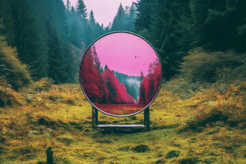 States of mind, landscape concept, graphic resources. Aesthetic and surreal landscape with a psychedelic mirror in the middle and vibrant colors. Background with copy space. Generative AI