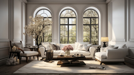 Fototapeta na wymiar Classic living room interior with a large windows. Generative AI.