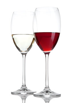 Glass of red and white wine with reflection on white background