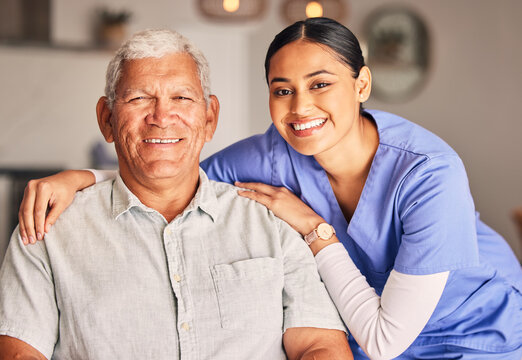 Happy woman, nurse and portrait of senior man with support, medical service and helping patient in retirement. Face of caregiver, elderly person and smile for trust, healthcare and nursing home