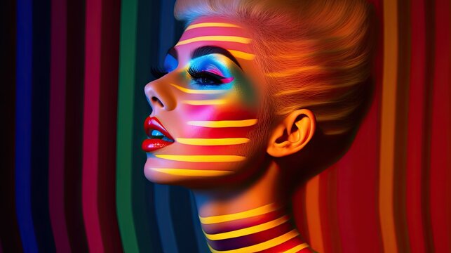 A woman's face with multicolored stripes on it. Beautiful woman wearing neon makeup, in the style of striped compositions. Created with Generative Ai Technology