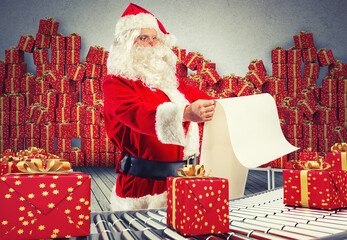 3D Rendering santa claus checking on list xmas gift boxes and wrapped on conveyor roller