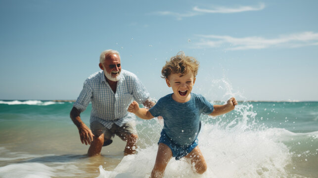 Little boy playing with his grandfather in the sea Generative Ai