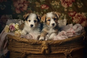 Two puppies are sitting in a basket, created with Generative Ai Technology