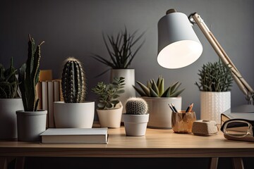 At the desk is the potted lamp. Generative AI