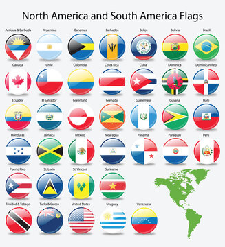 Glossy button flags of American continent