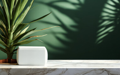 Modern white marble counter table with sunlit tropical tree against a matte green wall—an excellent 3D background for luxury organic cosmetic, skincare, and beauty treatment product displays.
