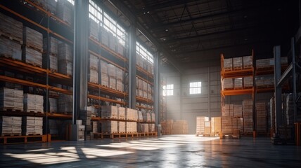 Large industrial warehouse. High racks filled with boxes and containers. Boxes on pallets in the sorting area. Daylight fills the room through the windows. Global logistics concept. 3D illustration.