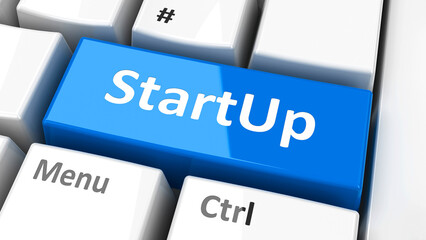 Fototapeta premium Startup key on the computer keyboard, three-dimensional rendering, 3D illustration