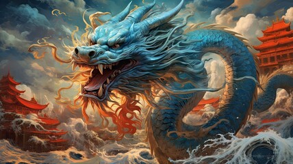 Classical traditional asian emperor blue dragons and sea. Painting of Chinese dragon. Mythical creatures illustration concept created with Generative Ai Technology