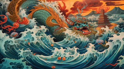 Obraz premium Classical traditional asian emperor blue dragons and sea. Painting of Chinese dragon. Mythical creatures illustration concept created with Generative Ai Technology