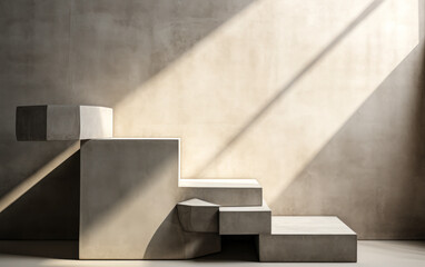 3 square step concrete podiums basking in sunlight, casting shadows on a gray cement corner wall in a loft-style setting. Perfect for presenting modern luxury beauty, cosmetic products