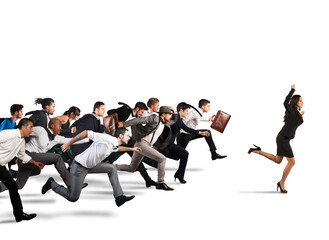 Obraz premium Businesswoman exults winning during a race with opponents