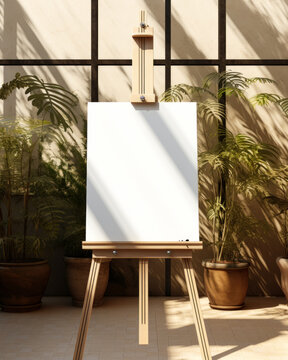 A wooden easel with a blank white canvas in sunlight, casting leaf shadows on a beige-brown stucco wall. Ideal 3D background for eco-friendly beauty, fashion, and business advertising templates.