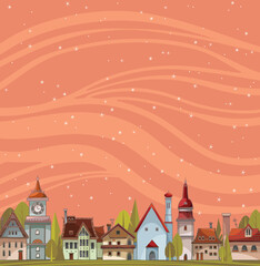 Fototapeta na wymiar City view landscape with houses and green trees on a starry sky background. Urban vector landscape.
