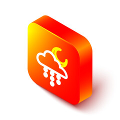 Isometric line Cloud with rain and moon icon isolated on white background. Rain cloud precipitation with rain drops. Orange square button. Vector