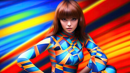 A woman in a colorful body suit posing for a picture, created with Generative Ai Technology