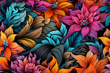 Seamless pattern of vibrant exotic flowers. Generative AI.