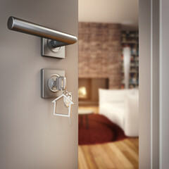 3D Rendering Open door with key on the living room of a house