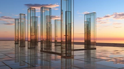 Fotobehang A group of glass pillars sitting on top of a tiled floor. Generative AI image. © starush