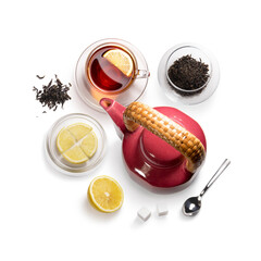 tea accessories on a white background. View from above