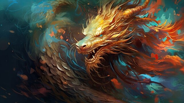A painting of a dragon on a blue background, created with Generative Ai Technology
