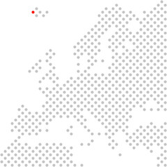 Reykjavik in Island: Europakarte aus grauen Punkten mit roter Markierung