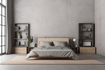 An empty mockup poster of a bedroom interior with two symmetrical portions with shelves, a bed, and a rug is shown on the wall. concrete surface. a notion for a contemporary home design. an angle