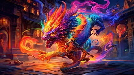 A colorful dragon is running through the street, created with Generative Ai Technology