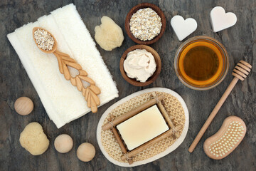 Natural products and ingredients for body and skin health care with oats and honey.