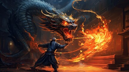 A dragon attacking a man with a sword, created with Generative Ai Technology