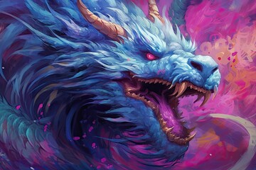 A painting of a blue dragon with long horns and red eyes, created with Generative Ai Technology