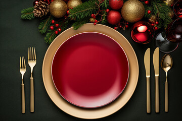 Overhead top view of a festive christmas dinner meal place setting with an empty plate and gold cutlery