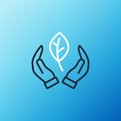 Line Hand hold a leaf of the plant icon isolated on blue background. Care nature. Leaf shoots with environmental protection. Colorful outline concept. Vector