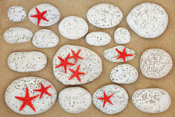 Abstract beach background on sand with starfish and white stones with bore holes made by bivalved molluscs. © Designpics