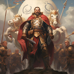 Powerful warrior hero with a sword in armor on the battlefield alone. AI generative illustration