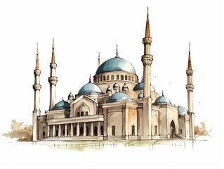 Fototapeta na wymiar Drawing of a mosque using medium ink and watercolor isolated on white background. The design of the mosque has elements of typical Islamic architecture such as domes and minarets.