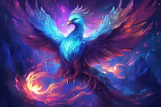 digital painting of phoenix in the blue purple flames, reborn and more powerful, artistic digital painting mythological bird concept, created with Generative Ai Technology