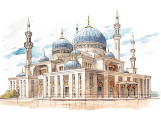 Naklejka premium Drawing of a mosque using medium ink and watercolor isolated on white background. The design of the mosque has elements of typical Islamic architecture such as domes and minarets.