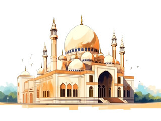 Fototapeta premium Drawing of a mosque using medium ink and watercolor isolated on white background. The design of the mosque has elements of typical Islamic architecture such as domes and minarets.
