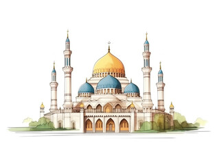 Fototapeta na wymiar Drawing of a mosque using medium ink and watercolor isolated on white background. The design of the mosque has elements of typical Islamic architecture such as domes and minarets.