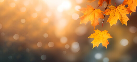 Naklejka na ściany i meble Autumn background with maple leaves, copy space, Generative AI 1