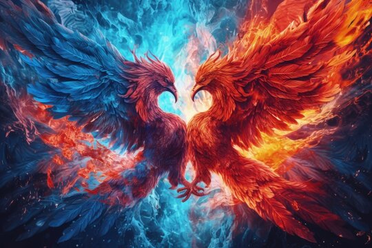 Digital painting of fire and ice birds facing each other, magic blue and red phoenix in the flames, created with Generative Ai Technology