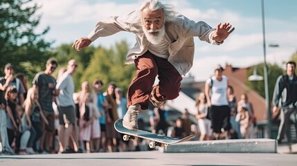 old man performing stunt on skateboard on the street, created with Generative Ai Technology