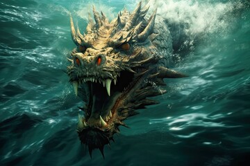 A close up of a dragon head in the water, created with Generative Ai Technology