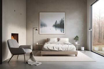 An open bedroom with a bed, a fireplace, a grey concrete floor, and a lamp equipped armchair. mock up copy area for a bedroom with a view of nature,. Generative AI