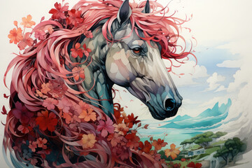 Envision a mystical floral horse with an ethereal glow emanating from its body, Generative Ai