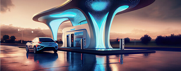 Tranquil evening light, a shining electric car sits at a modern and innovative gas station. With its clean lines and advanced technology, the car embodies the design and progress of the future